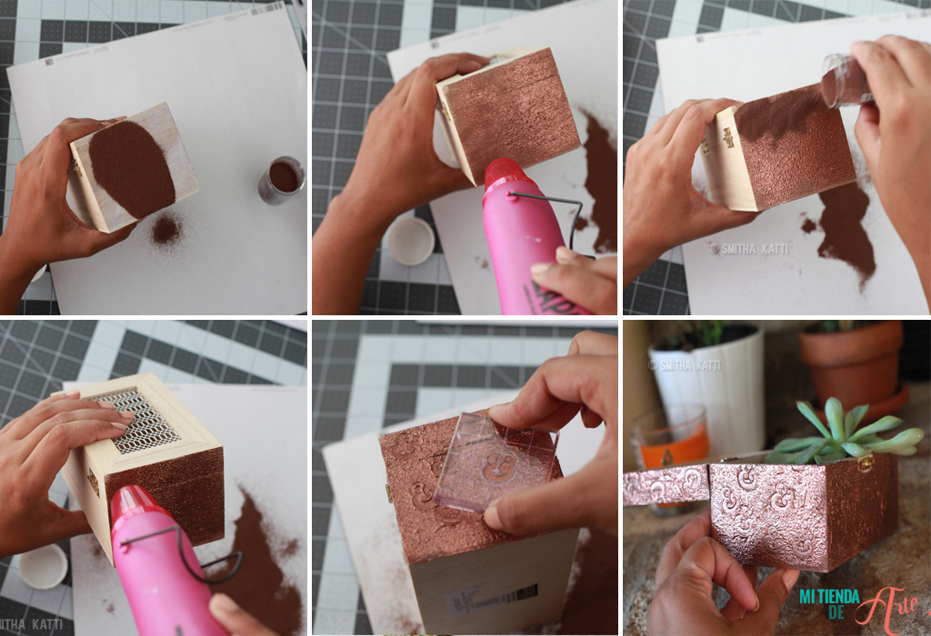 aplique uma camada de pó de embossing a quente na cor da sua escolha sobre a superfície da madeira
